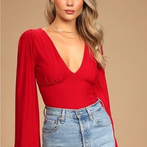 Lulu's Red V-Neck Open Back Bodysuit